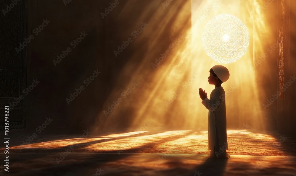 Boy praying in a mosque with sunlight. Stock Illustration | Adobe Stock