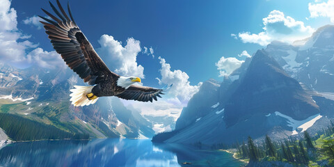 Wall Mural - A majestic bald eagle soaring high above a crystal-clear mountain lake, its white head and tail contrasting against the blue sky.