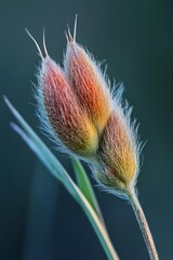 Sticker - Close up of two fuzzy pink flower buds with green stems against a blue background