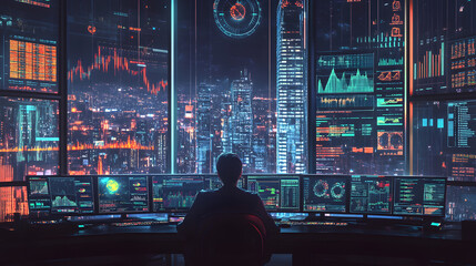 Wall Mural - Futuristic stock trader professional market investment finance business analyst analysis economy financial crisis recession collapse trade earning profit success wealth return money fund portfolio