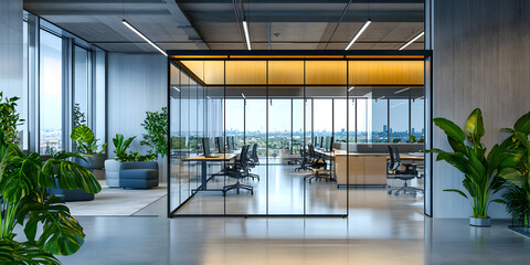 Illustration of business open green modern office daytime daylight. Working culture chill happy enjoy workplace work life balance plant green interior sustainable design contemporary sustainability