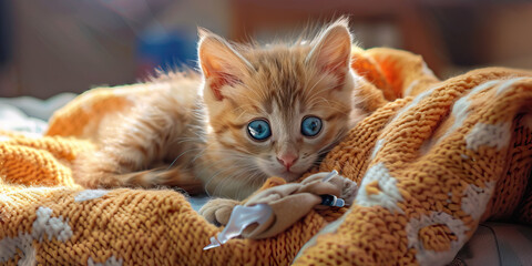 A cute little kitten with big blue eyes, curled up on a cozy blanket, receiving veterinary care for a minor injury.