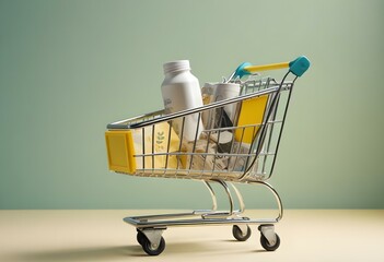 A shopping cart on a yellow background with bright lighting