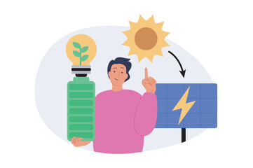 Aufkleber - Ecology concept in modern flat design for web. Man using clean green and renewable energy with solar panels generator station and recharging battery for save nature resources. Vector illustration.