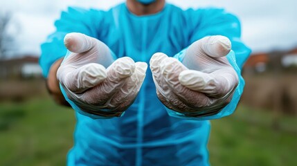 A person in full protective gear, extending their gloved hands outward, representing a gesture of readiness and caution, essential in safety protocols.