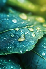 Sticker - Close up of dew drops on green leaves, nature background