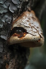 Wall Mural - Close up macro shot of a fungus growing on a tree trunk. The texture of the fungus and bark creates a unique, abstract pattern.