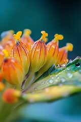 Sticker - Closeup of vibrant yellow flower buds with water droplets on green leaves, macro photography