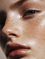 Poster - A young person displays their freckles and radiant, hydrated skin, reflecting the effects of a recent skincare regimen. Generative AI