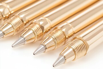 Elegant golden pens arranged in a row on a white isolated background.