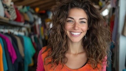 A smiling woman with vibrant curly hair stands inside a fashionable clothing store, surrounded by an array of colorful outfits, exuding warmth and approachability.