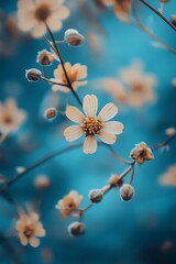 Poster - Delicate white flower blossoms on a branch against a vibrant teal background.