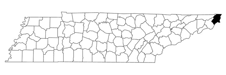 Map of Johnson County in Tennessee state on white background. single County map highlighted by black colour on Tennessee map. UNITED STATES, US.