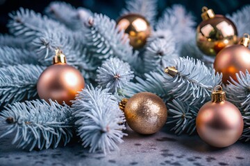 Christmas background. Xmas ornaments Glass ball with snow inside. Christmas tree decorations transparent ball hanging on golden ribbon, gold glitter confetti. Realistic