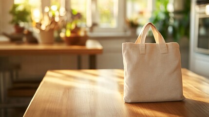 Wall Mural - A beige tote bag rests on a wooden table, sunlight streaming in through the window.