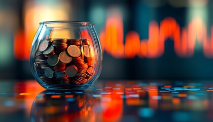 Poster - A glass jar filled with coins sits on a reflective surface, illuminated by colorful lights, suggesting themes of finance and saving.