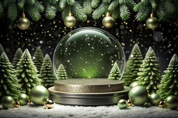 Christmas background. Xmas ornaments Glass ball with snow inside. Christmas tree decorations transparent ball hanging on golden ribbon, gold glitter confetti. Realistic