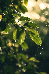 Canvas Print - Close up of raindrops on leaves with sun shining through, nature background