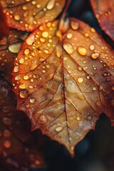 Poster - Closeup of raindrops on an autumn leaf. Fall foliage background texture.