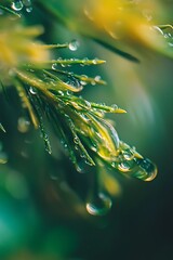 Canvas Print - Close up of dew drops on a green pine needle