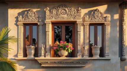 A Bali-inspired balcony window with flower vases, soft light highlighting the natural textures and artistic carvings.