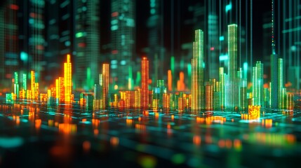 Poster - A futuristic cityscape glowing with vibrant green and orange lights, depicting a digital landscape with towering structures.
