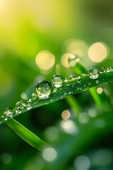 Canvas Print - Dew Drops on Green Grass Blade, Macro Photography