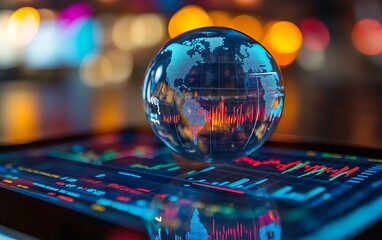 Aufkleber - A digital globe displays data trends on a vibrant, illuminated surface, symbolizing global finance and technology analysis.