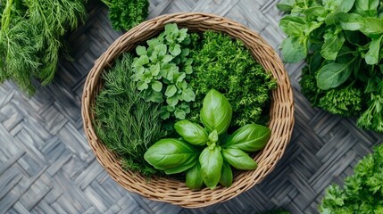 Sticker - A wicker basket filled with fresh herbs, including basil, parsley, dill, and mint.