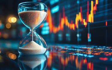 Leinwandbilder - A modern hourglass sits on a reflective surface, with vibrant financial charts in the background, symbolizing time management and investment analysis.