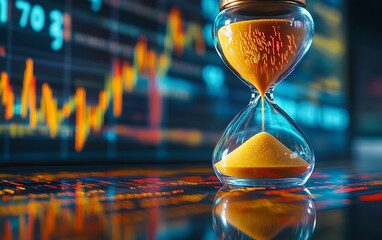 Leinwandbilder - A glass hourglass filled with sand, set against a backdrop of stock market graphs, symbolizing the passage of time in finance.