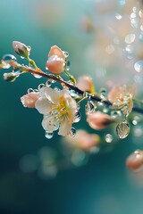 Sticker - Closeup of delicate pink flower blossoms with dew drops, soft bokeh background, springtime, fresh, beauty, nature, floral