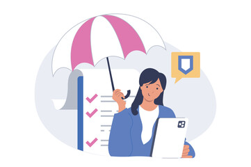 Poster - Insurance concept in modern flat design for web. Woman with umbrella concludes agreement document of healthcare policy and medical savings plan for hospital support in emergency. Vector illustration.