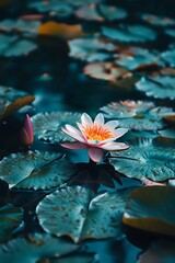 Canvas Print - Water Lily Flower Blooming on a Pond with Lush Green Lily Pads