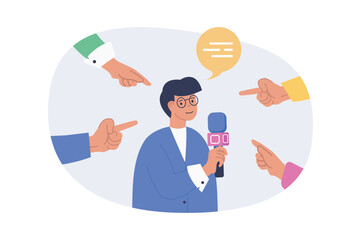 Aufkleber - Journalism concept in modern flat design for web. Man with microphone commenting news in press media while surrounded with pointing hands. Speaker talking at press conference. Vector illustration.