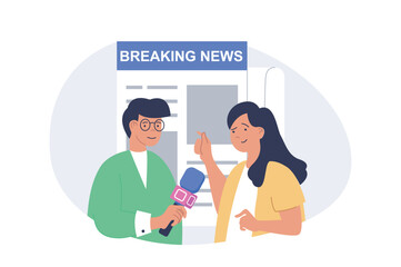 Aufkleber - Journalism concept in modern flat design for web. Man with microphone getting live comments news from woman, preparing articles and reportage publication in newsletter press. Vector illustration.