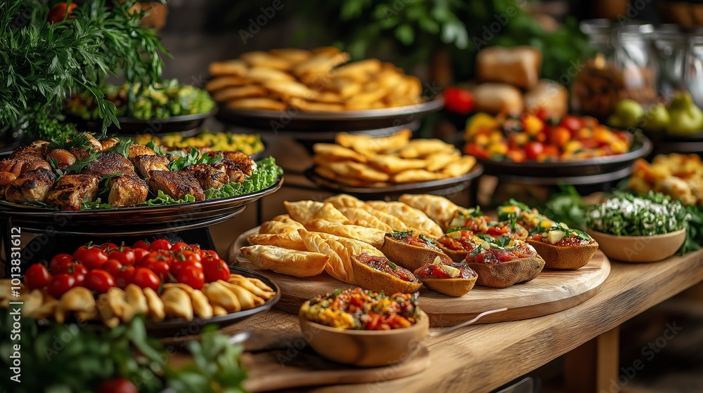 Traditional African buffet showcasing vibrant dishes like samosas ...