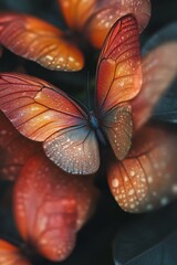 Sticker - Close up of orange and blue butterfly wings with dew drops, nature macro photography