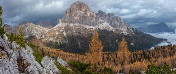 Beautiful autumn colors in Dolomites mountain, Tofana peak, Cinque Torri mountain in Italy