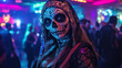 © Q77photo - A woman with a skull painted on her face stands in front of a neon sign