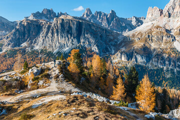 Beautiful autumn colors in Dolomites mountain, Tofana peak, Cinque Torri mountain in Italy