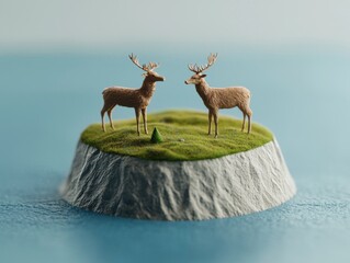 Serene Miniature Landscape with Two Deer on Island