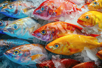 Frozen fish displayed in a supermarket, emphasizing the freshness and quality of seafood ready for cooking or dinner preparation