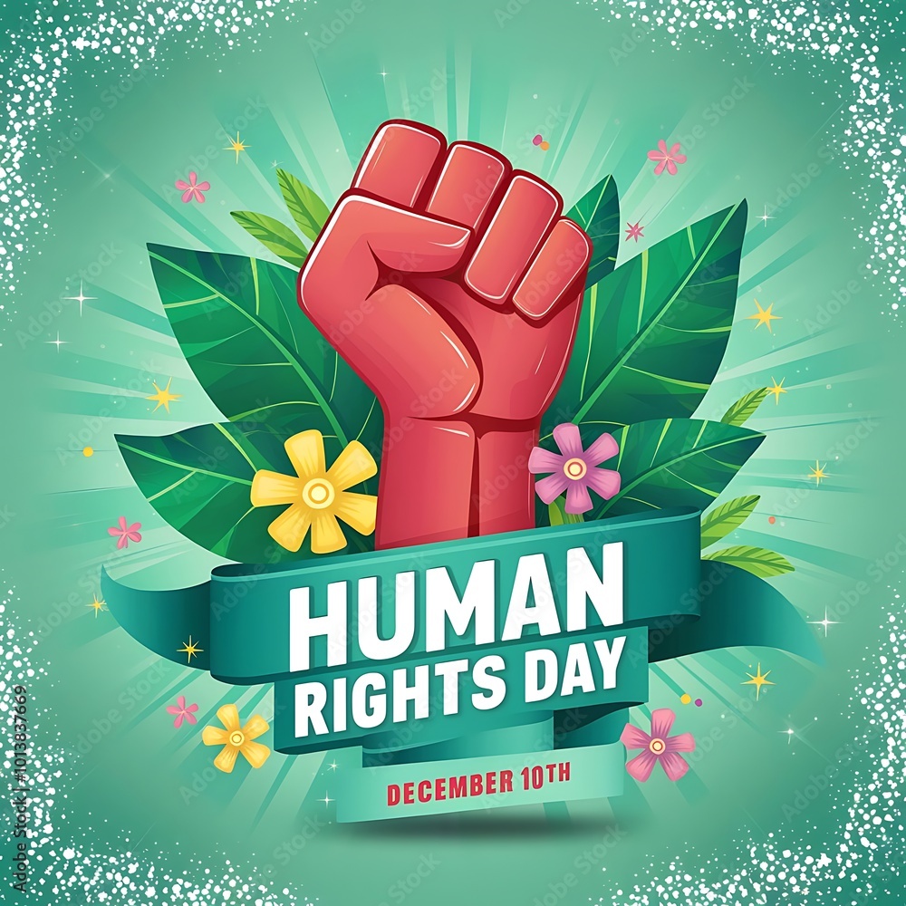 Create a Human Rights Day banner in a flat 2D style, featuring a ...