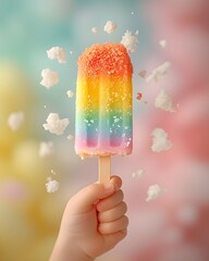 Closeup of a young child s hand delicately holding a vibrant rainbow striped popsicle the textured surface glistening with moisture against a soft out of focus background evoking a dreamlike