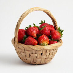 Wall Mural - A small bamboo basket with a handle, full of strawberries on a white background.  