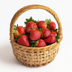 Wall Mural - A small bamboo basket with a handle, full of strawberries on a white background.  