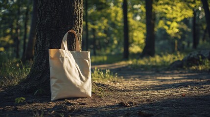 Wall Mural - beige canvas tote bag leaning against a tree trunk in a forest.
