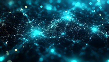 Poster - A mesmerizing network of glowing blue particles connected by shimmering lines, creating a digital cosmos of interconnectedness and depth.