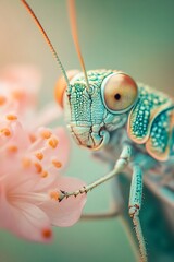 Poster - Close up macro photo of a green grasshopper on a pink flower.  Vibrant nature insect, bug, and flower photography.